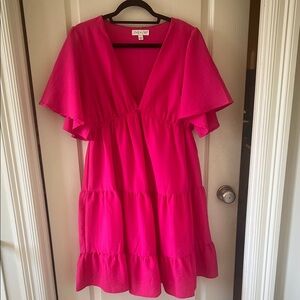 She + Sky Hot Pink Tiered V-Neck Mini Dress